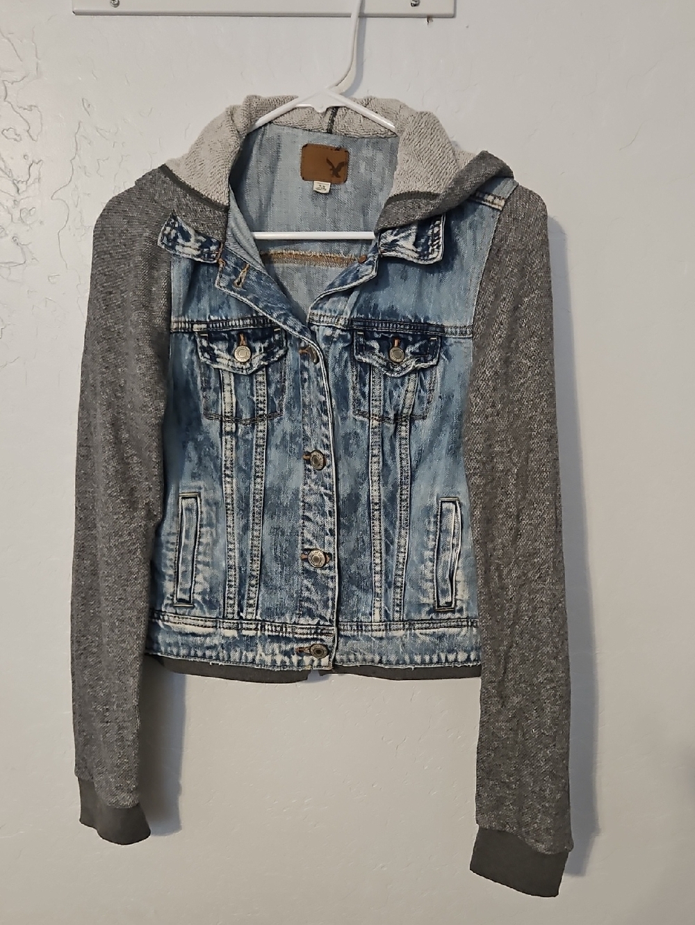 American Eagle Denim Jacket Gray Knit Sleeves Hooded Layered Look